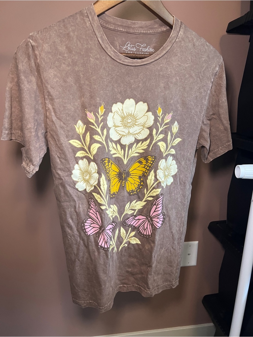 Stone Washed Brown Butterfly & Floral Tee